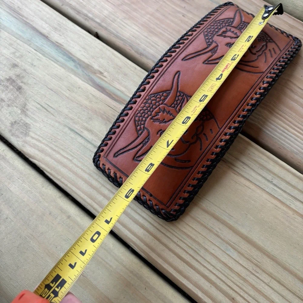 Vintage Bifold Leather Wallet Hand Tooled Western Cowboy Cow Cattle Whipstitch